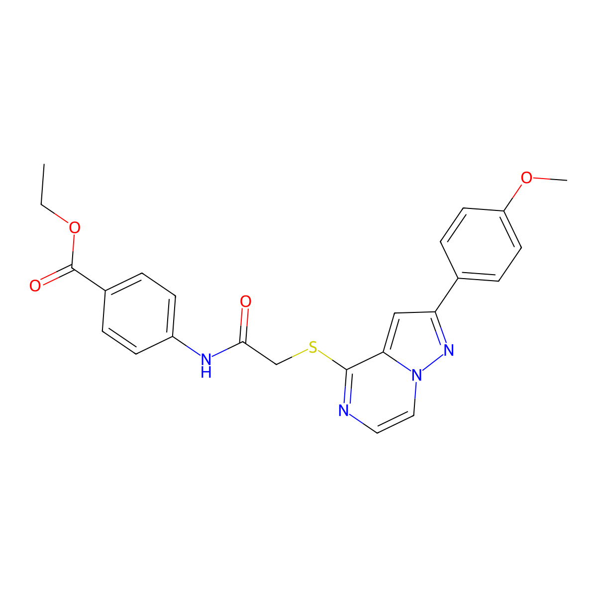 Ethyl 4-(2-{[2-(4-methoxyphenyl)pyrazolo[1,5-A]pyrazin-4-YL]sulfanyl}acetamido)benzoate molecular structure, CAS 1021255-34-4