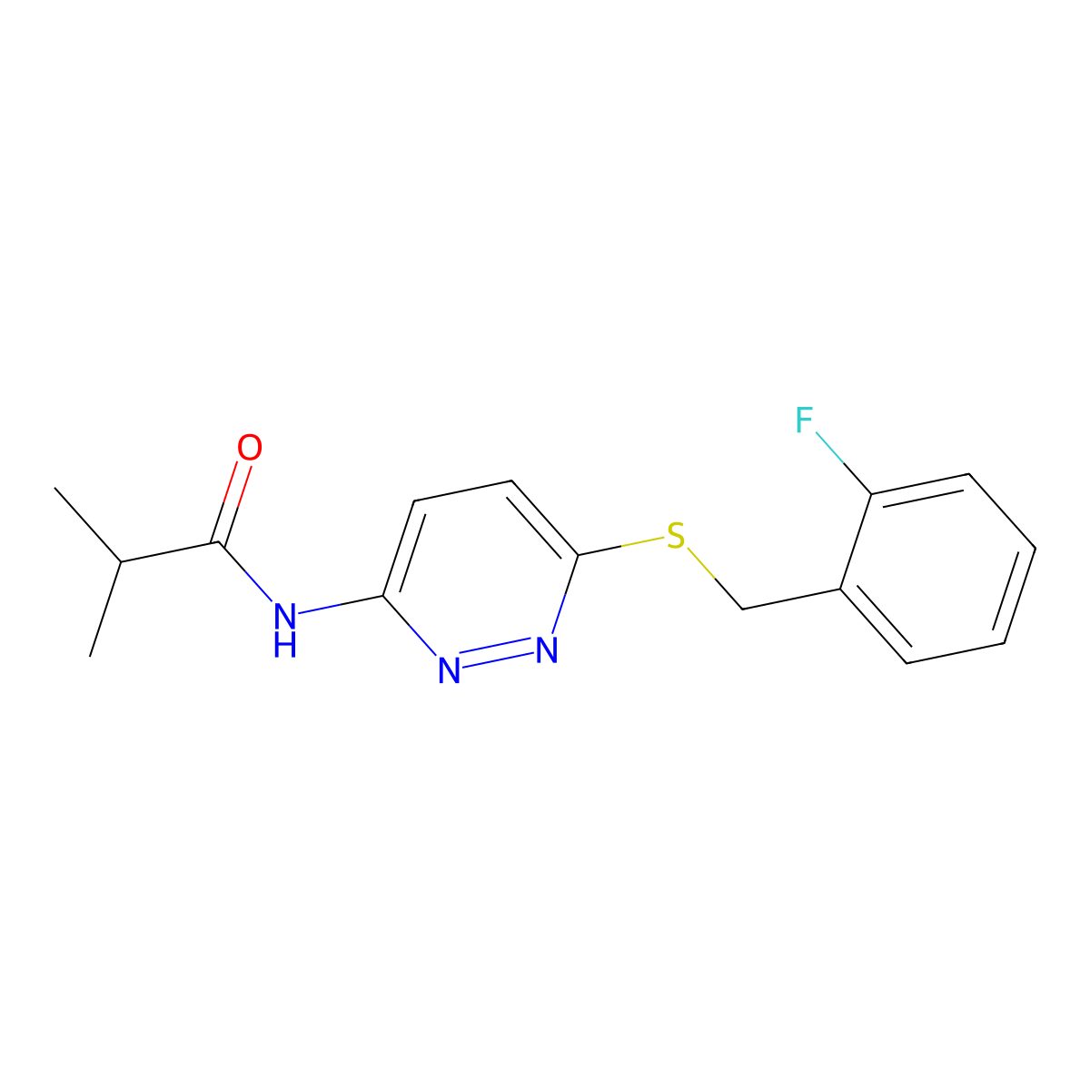 N-(6-{[(2-fluorophenyl)methyl]sulfanyl}pyridazin-3-yl)-2-methylpropanamide molecular structure, CAS 1021255-37-7