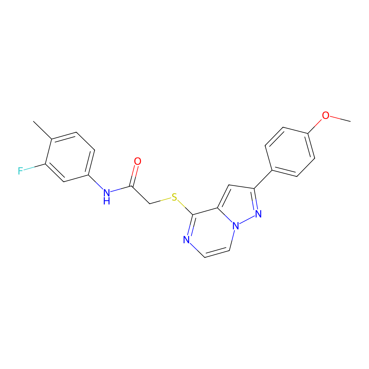 N-(3-fluoro-4-methylphenyl)-2-{[2-(4-methoxyphenyl)pyrazolo[1,5-a]pyrazin-4-yl]sulfanyl}acetamide molecular structure, CAS 1021255-44-6