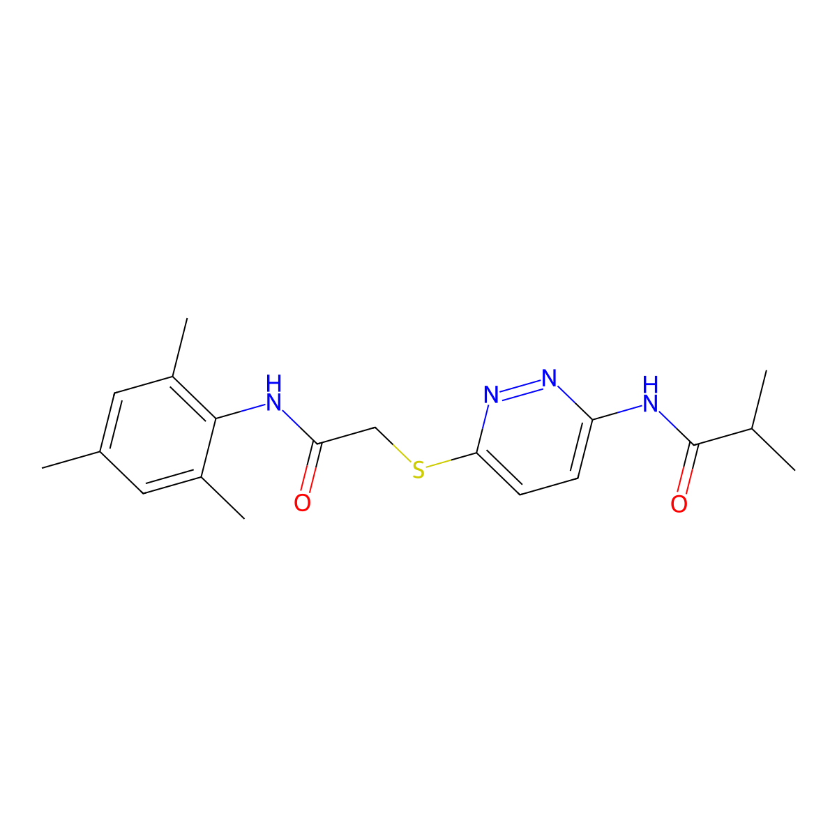 2-methyl-N-[6-({[(2,4,6-trimethylphenyl)carbamoyl]methyl}sulfanyl)pyridazin-3-yl]propanamide molecular structure, CAS 1021255-47-9