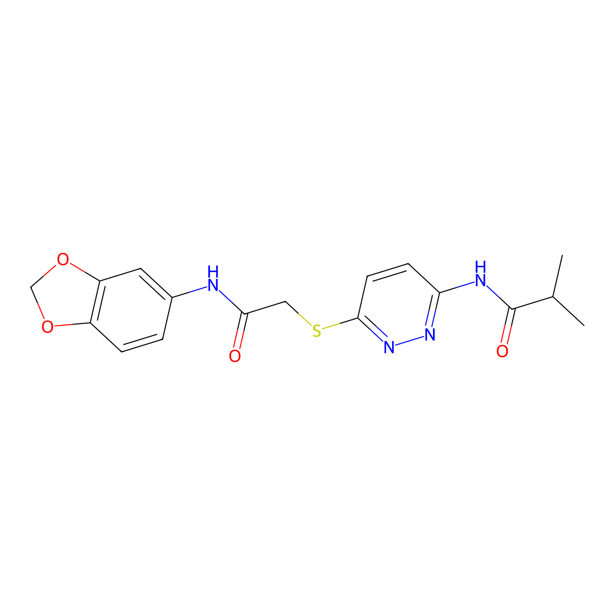 N-(6-((2-(benzo[d][1,3]dioxol-5-ylamino)-2-oxoethyl)thio)pyridazin-3-yl)isobutyramide molecular structure, CAS 1021255-56-0