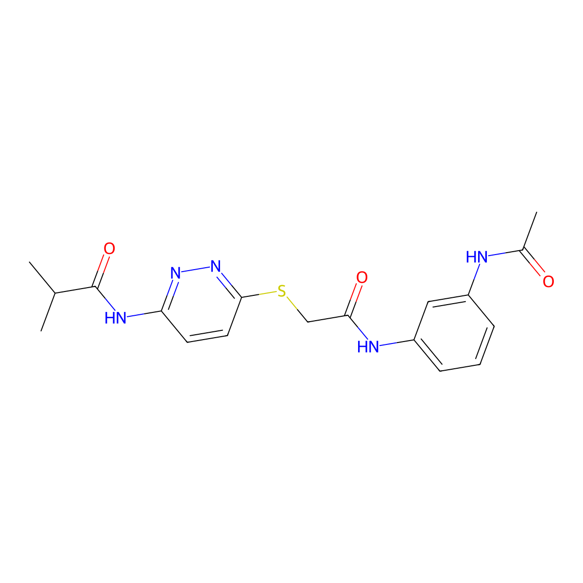 N-[6-({[(3-acetamidophenyl)carbamoyl]methyl}sulfanyl)pyridazin-3-yl]-2-methylpropanamide molecular structure, CAS 1021255-59-3
