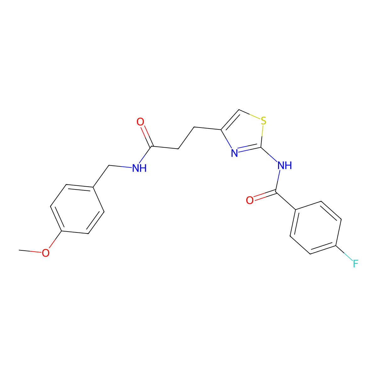 4-fluoro-N-(4-(3-((4-methoxybenzyl)amino)-3-oxopropyl)thiazol-2-yl)benzamide molecular structure, CAS 1021255-60-6