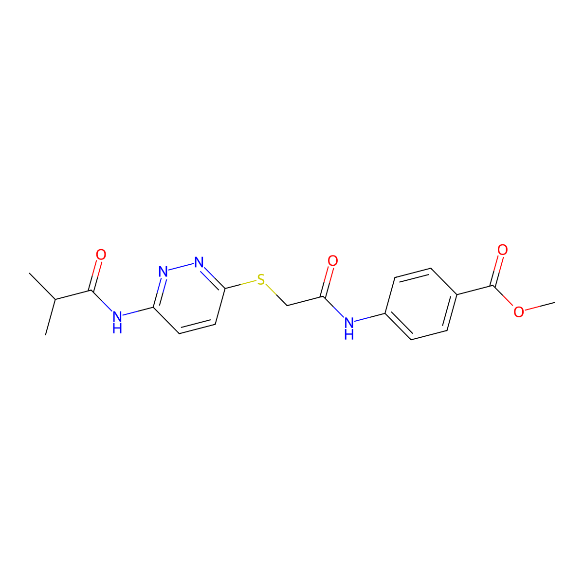 Methyl 4-(2-{[6-(2-methylpropanamido)pyridazin-3-yl]sulfanyl}acetamido)benzoate molecular structure, CAS 1021255-63-9