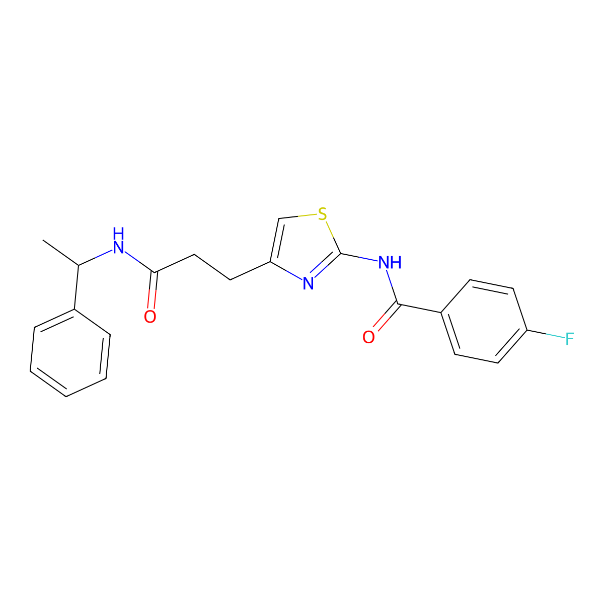 4-fluoro-N-(4-(3-oxo-3-((1-phenylethyl)amino)propyl)thiazol-2-yl)benzamide molecular structure, CAS 1021255-64-0