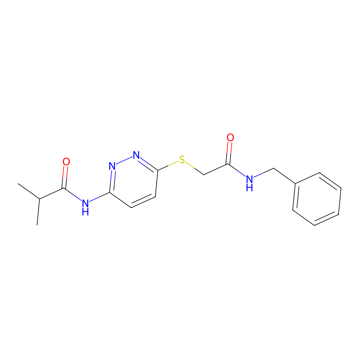 N-(6-{[(benzylcarbamoyl)methyl]sulfanyl}pyridazin-3-yl)-2-methylpropanamide molecular structure, CAS 1021255-67-3