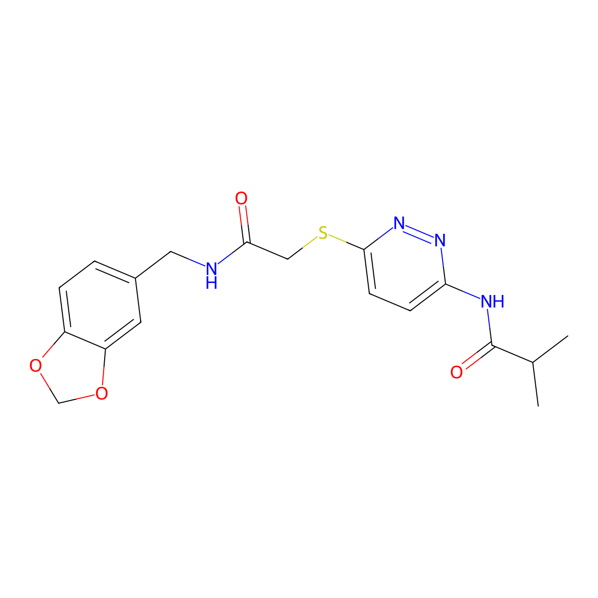 N-(6-((2-((benzo[d][1,3]dioxol-5-ylmethyl)amino)-2-oxoethyl)thio)pyridazin-3-yl)isobutyramide molecular structure, CAS 1021255-70-8