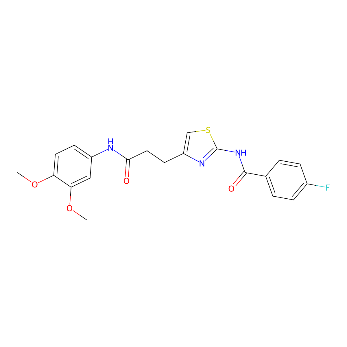 N-(4-(3-((3,4-dimethoxyphenyl)amino)-3-oxopropyl)thiazol-2-yl)-4-fluorobenzamide molecular structure, CAS 1021255-77-5