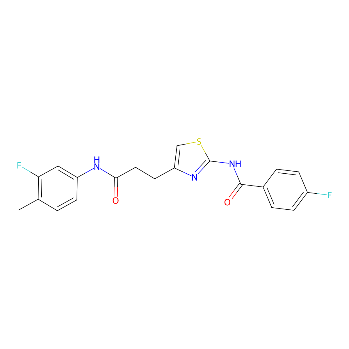 4-fluoro-N-(4-(3-((3-fluoro-4-methylphenyl)amino)-3-oxopropyl)thiazol-2-yl)benzamide molecular structure, CAS 1021255-80-0