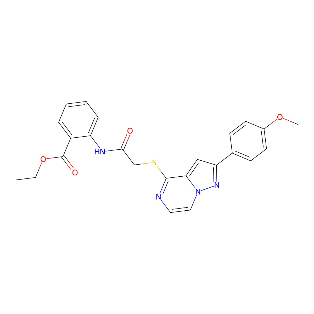 Ethyl 2-(2-{[2-(4-methoxyphenyl)pyrazolo[1,5-A]pyrazin-4-YL]sulfanyl}acetamido)benzoate molecular structure, CAS 1021255-81-1