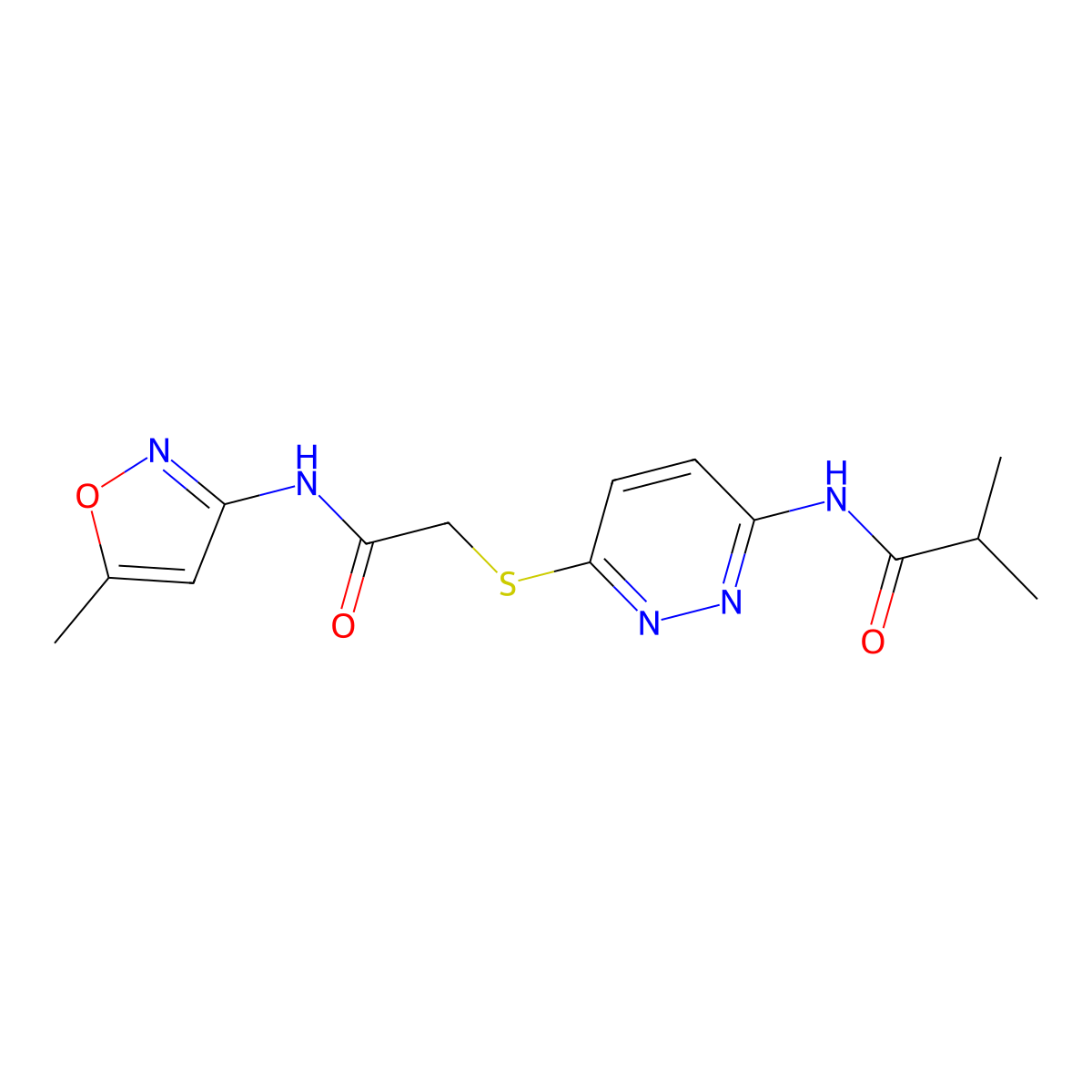 2-methyl-N-[6-({[(5-methyl-1,2-oxazol-3-yl)carbamoyl]methyl}sulfanyl)pyridazin-3-yl]propanamide molecular structure, CAS 1021255-82-2