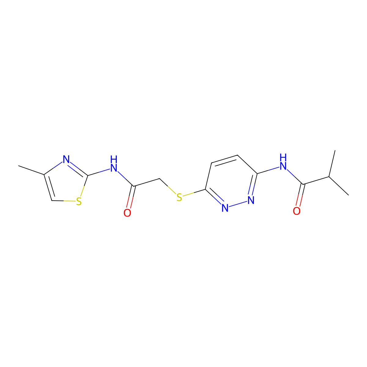 2-methyl-N-[6-({[(4-methyl-1,3-thiazol-2-yl)carbamoyl]methyl}sulfanyl)pyridazin-3-yl]propanamide molecular structure, CAS 1021255-85-5