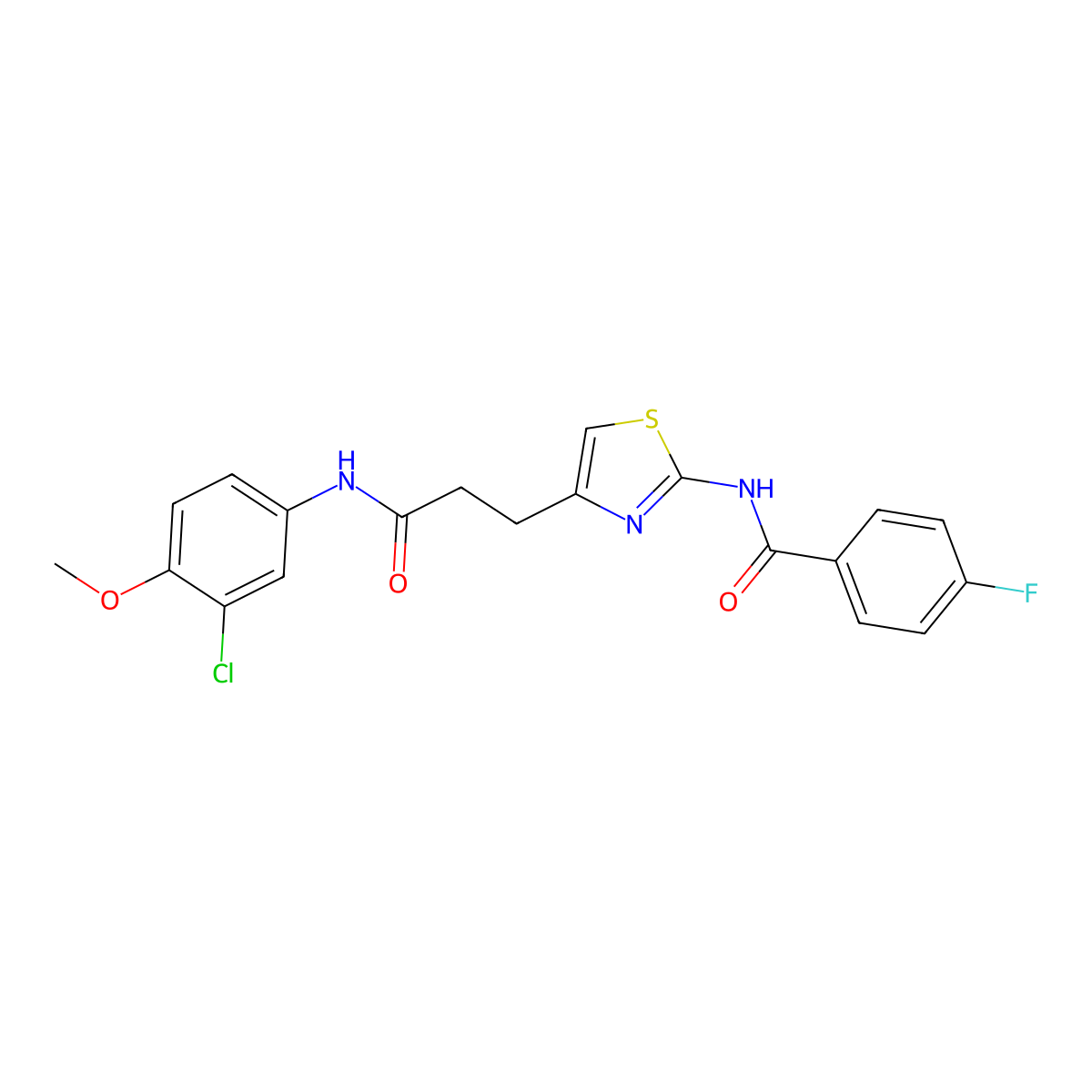 N-(4-(3-((3-chloro-4-methoxyphenyl)amino)-3-oxopropyl)thiazol-2-yl)-4-fluorobenzamide molecular structure, CAS 1021255-89-9