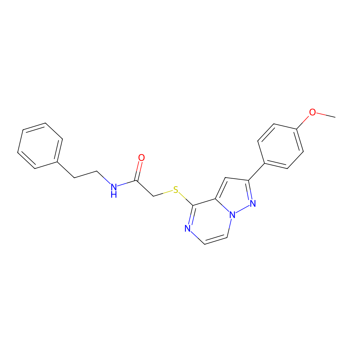 2-{[2-(4-methoxyphenyl)pyrazolo[1,5-a]pyrazin-4-yl]sulfanyl}-N-(2-phenylethyl)acetamide molecular structure, CAS 1021255-90-2