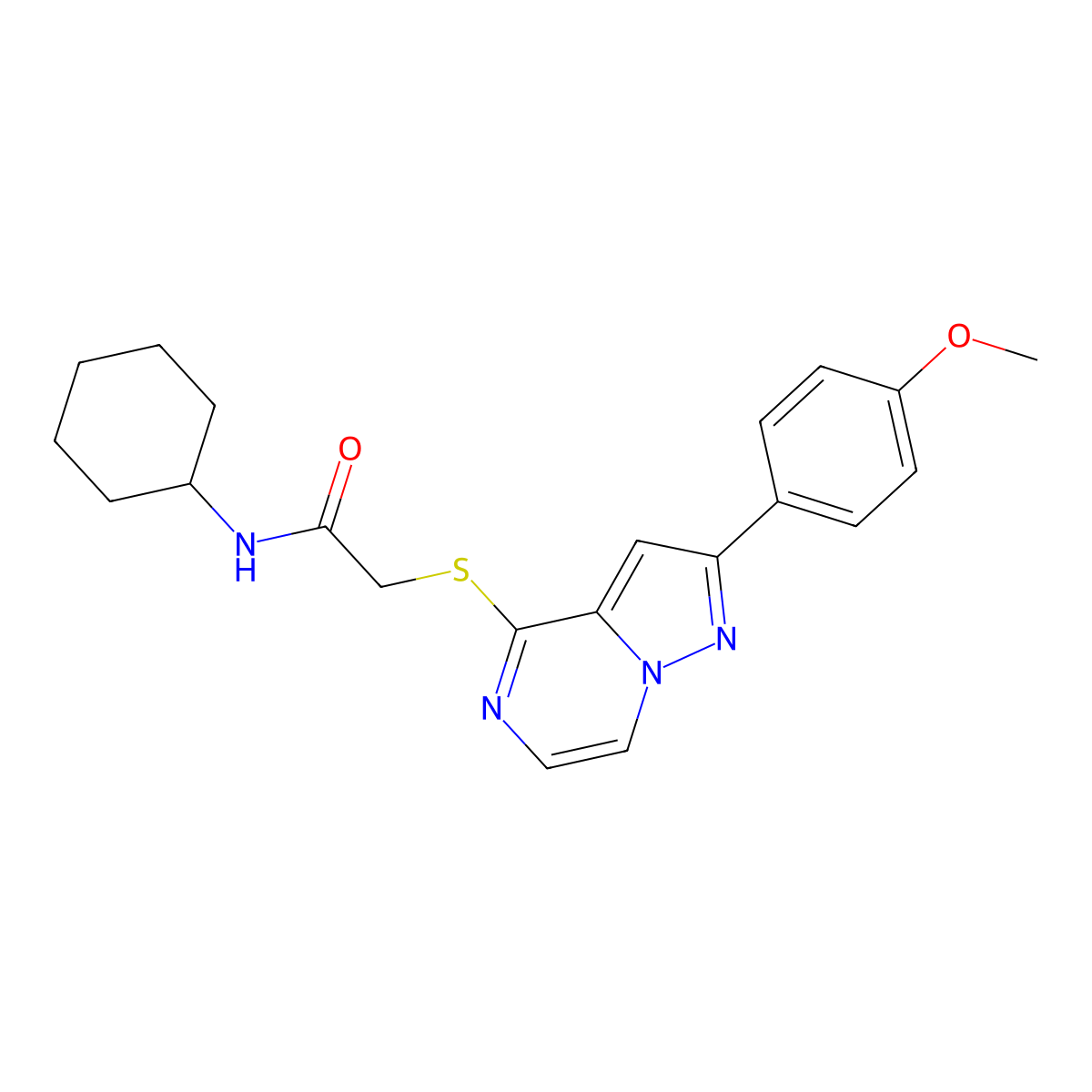 N-cyclohexyl-2-{[2-(4-methoxyphenyl)pyrazolo[1,5-a]pyrazin-4-yl]sulfanyl}acetamide molecular structure, CAS 1021255-95-7