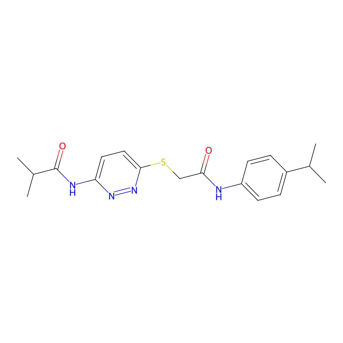 2-methyl-N-{6-[({[4-(propan-2-yl)phenyl]carbamoyl}methyl)sulfanyl]pyridazin-3-yl}propanamide molecular structure, CAS 1021255-98-0