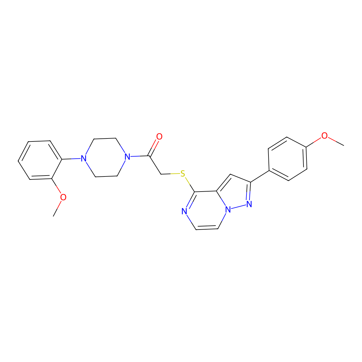 1-(4-(2-Methoxyphenyl)piperazin-1-yl)-2-((2-(4-methoxyphenyl)pyrazolo[1,5-a]pyrazin-4-yl)thio)ethanone molecular structure, CAS 1021255-99-1