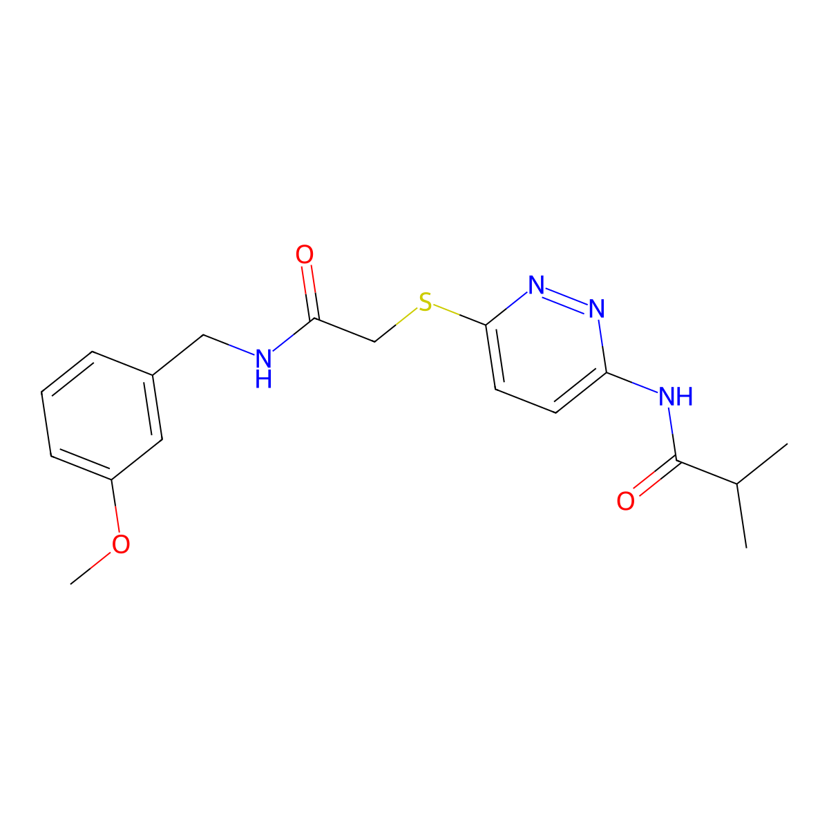 N-{6-[({[(3-methoxyphenyl)methyl]carbamoyl}methyl)sulfanyl]pyridazin-3-yl}-2-methylpropanamide molecular structure, CAS 1021256-02-9