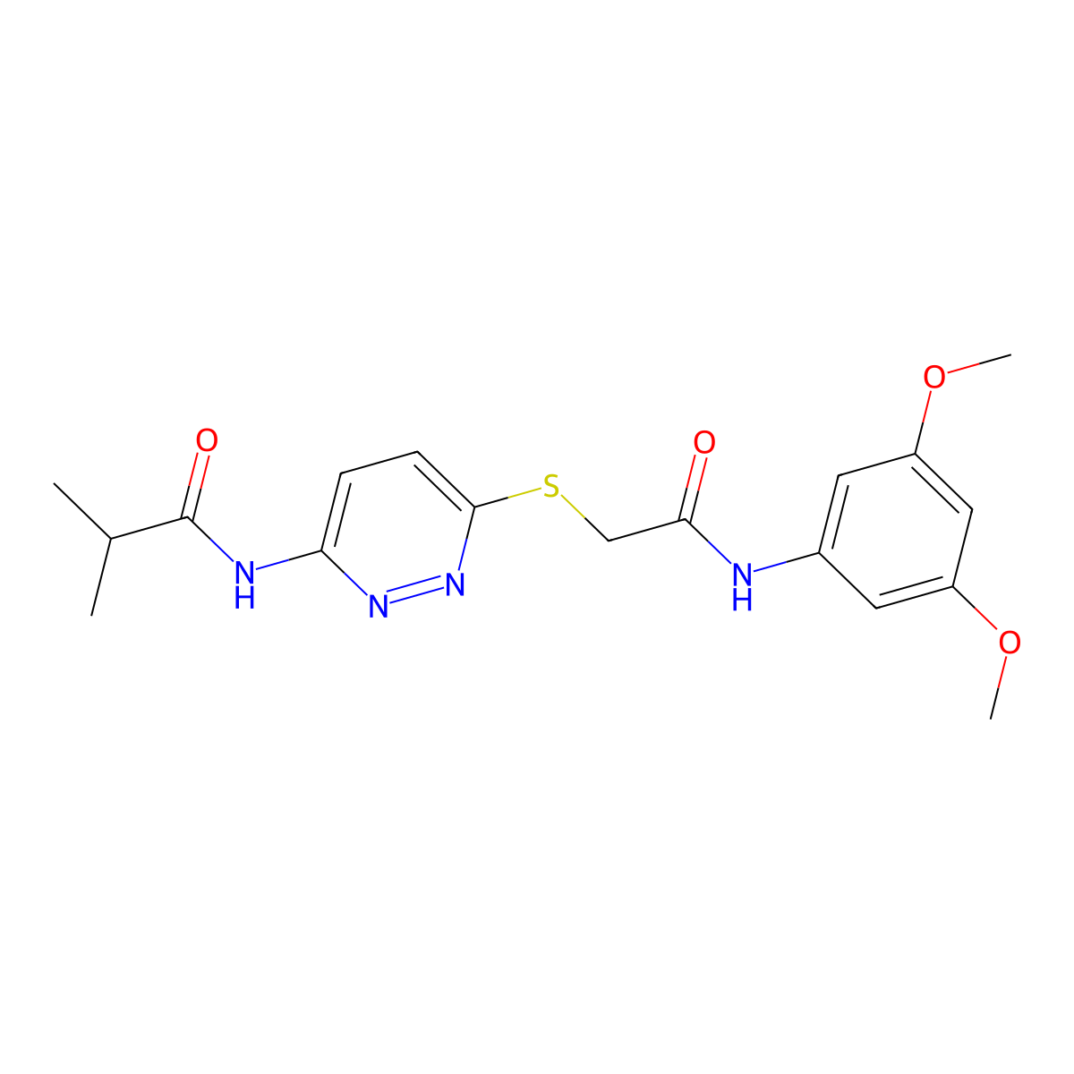 N-[6-({[(3,5-dimethoxyphenyl)carbamoyl]methyl}sulfanyl)pyridazin-3-yl]-2-methylpropanamide molecular structure, CAS 1021256-04-1