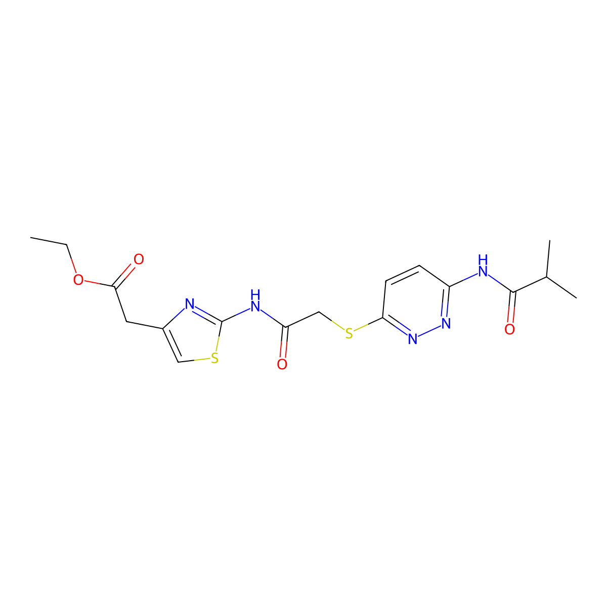 Ethyl 2-(2-(2-((6-isobutyramidopyridazin-3-yl)thio)acetamido)thiazol-4-yl)acetate molecular structure, CAS 1021256-06-3