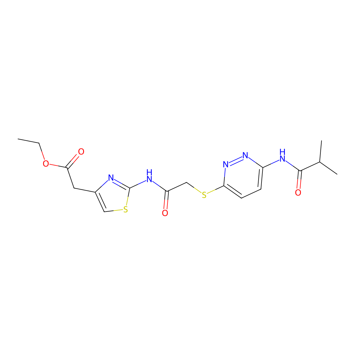 Ethyl 2-(2-(2-((6-isobutyramidopyridazin-3-yl)thio)acetamido)thiazol-4-yl)acetate molecular structure, CAS 1021256-06-3