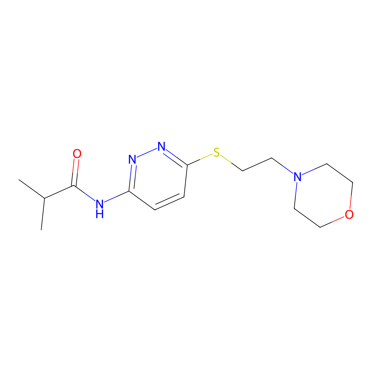 2-methyl-N-(6-{[2-(morpholin-4-yl)ethyl]sulfanyl}pyridazin-3-yl)propanamide molecular structure, CAS 1021256-09-6