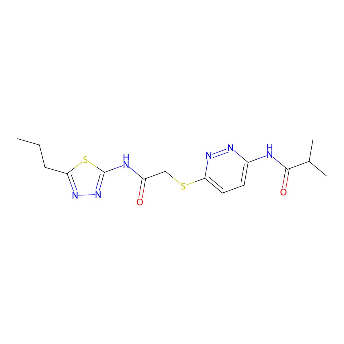 N-(6-((2-oxo-2-((5-propyl-1,3,4-thiadiazol-2-yl)amino)ethyl)thio)pyridazin-3-yl)isobutyramide molecular structure, CAS 1021256-13-2