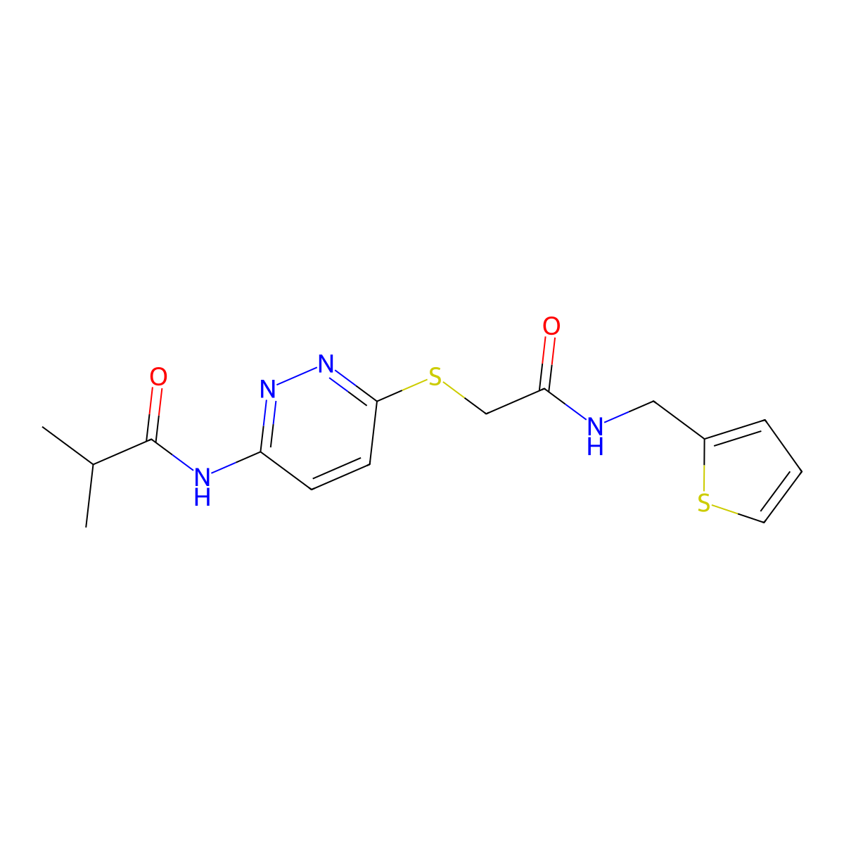2-methyl-N-{6-[({[(thiophen-2-yl)methyl]carbamoyl}methyl)sulfanyl]pyridazin-3-yl}propanamide molecular structure, CAS 1021256-15-4