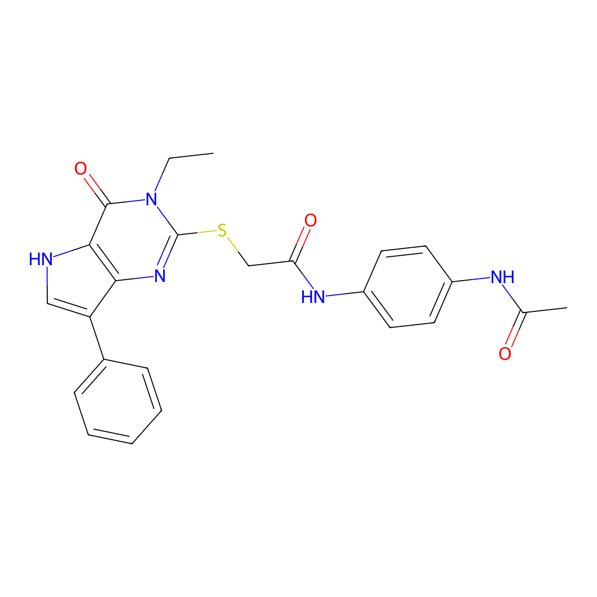 N-[4-(acetylamino)phenyl]-2-[(3-ethyl-4-oxo-7-phenyl-4,5-dihydro-3H-pyrrolo[3,2-d]pyrimidin-2-yl)sulfanyl]acetamide molecular structure, CAS 1021256-27-8