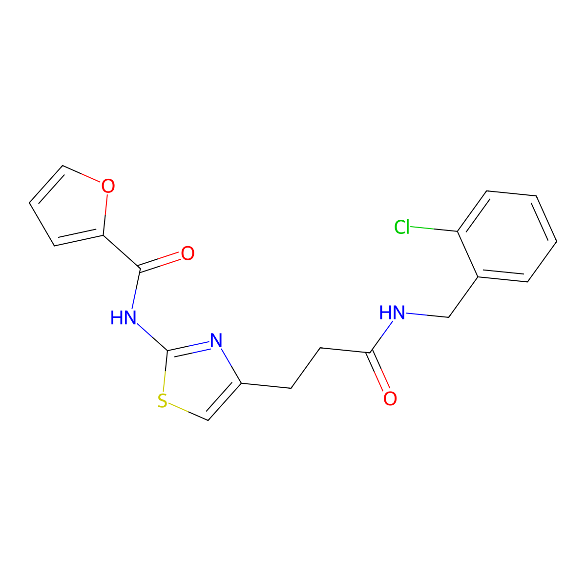 N-(4-(3-((2-chlorobenzyl)amino)-3-oxopropyl)thiazol-2-yl)furan-2-carboxamide molecular structure, CAS 1021256-28-9