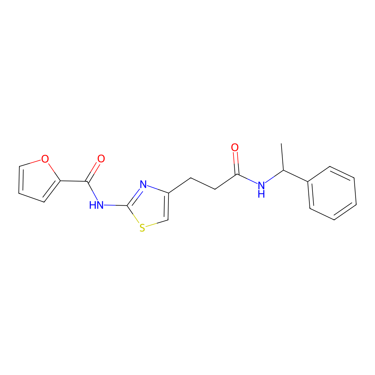 N-(4-(3-oxo-3-((1-phenylethyl)amino)propyl)thiazol-2-yl)furan-2-carboxamide molecular structure, CAS 1021256-30-3