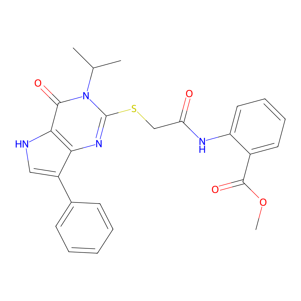 methyl 2-(2-{[4-oxo-7-phenyl-3-(propan-2-yl)-3H,4H,5H-pyrrolo[3,2-d]pyrimidin-2-yl]sulfanyl}acetamido)benzoate molecular structure, CAS 1021256-37-0