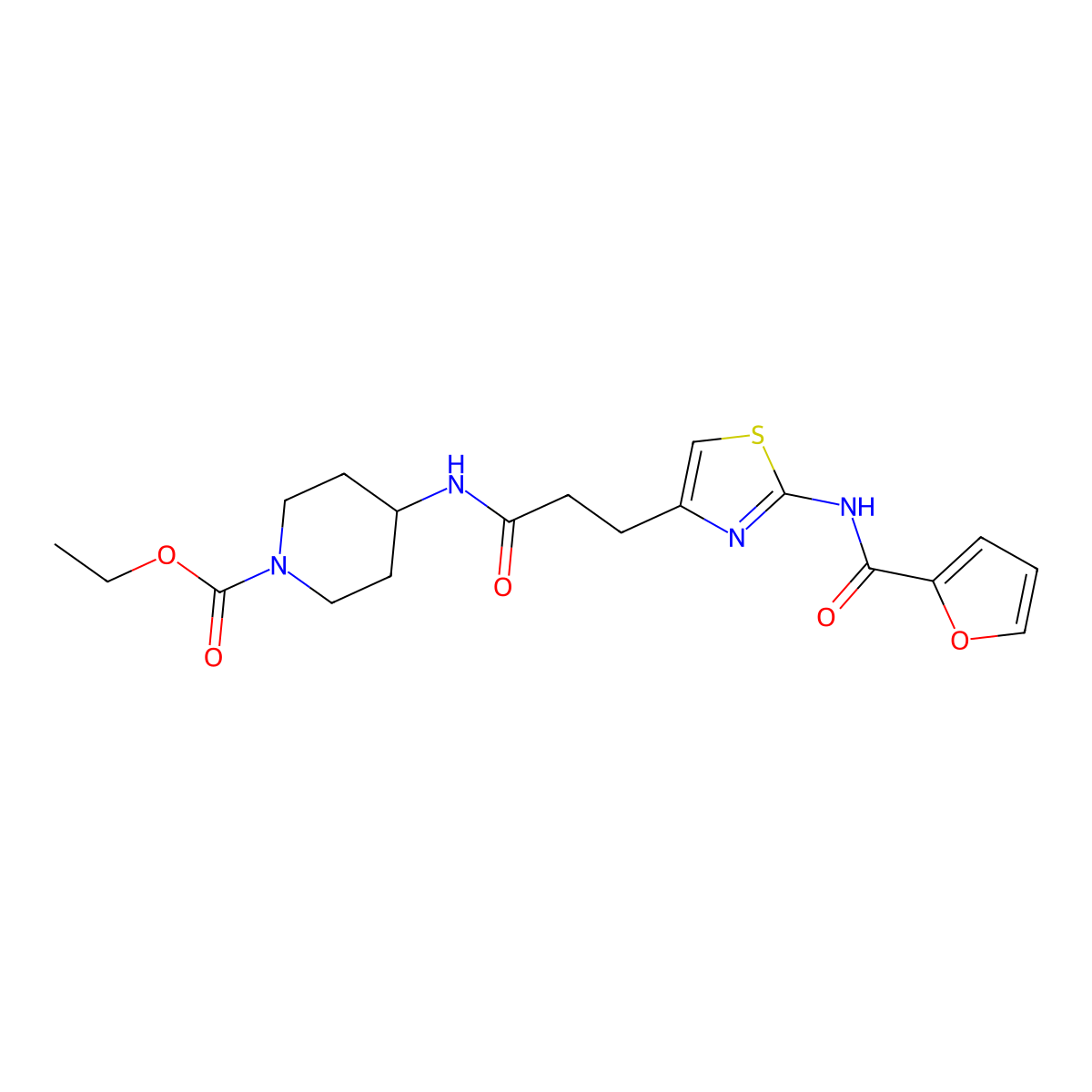 Ethyl 4-(3-(2-(furan-2-carboxamido)thiazol-4-yl)propanamido)piperidine-1-carboxylate molecular structure, CAS 1021256-57-4