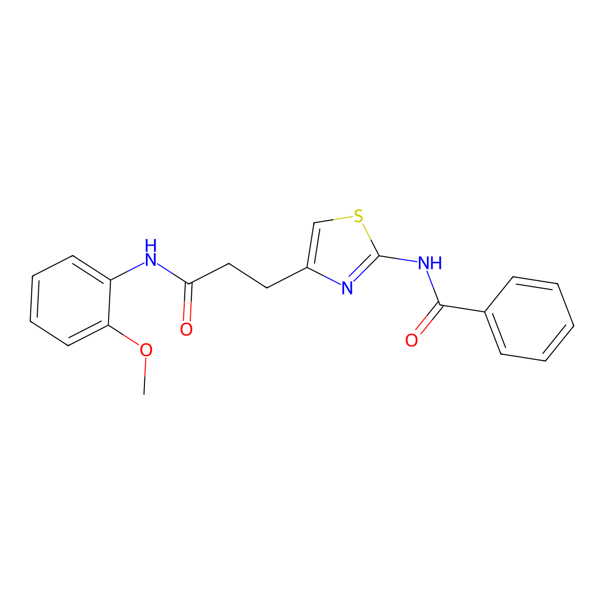 N-(4-(3-((2-methoxyphenyl)amino)-3-oxopropyl)thiazol-2-yl)benzamide molecular structure, CAS 1021256-69-8