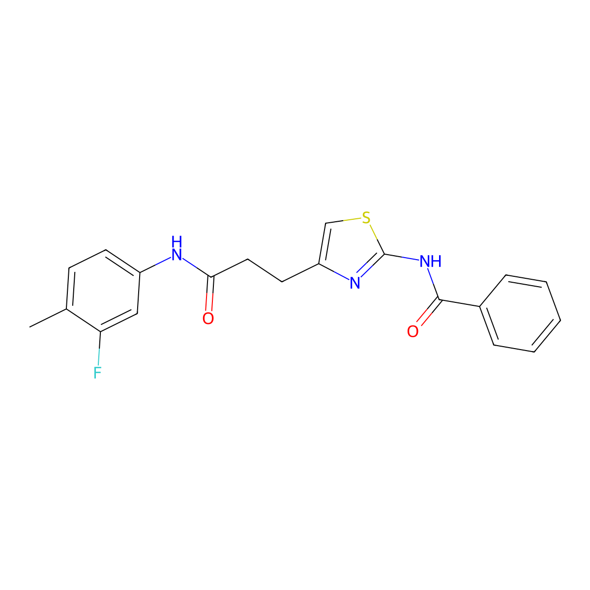 N-(4-(3-((3-fluoro-4-methylphenyl)amino)-3-oxopropyl)thiazol-2-yl)benzamide molecular structure, CAS 1021256-72-3