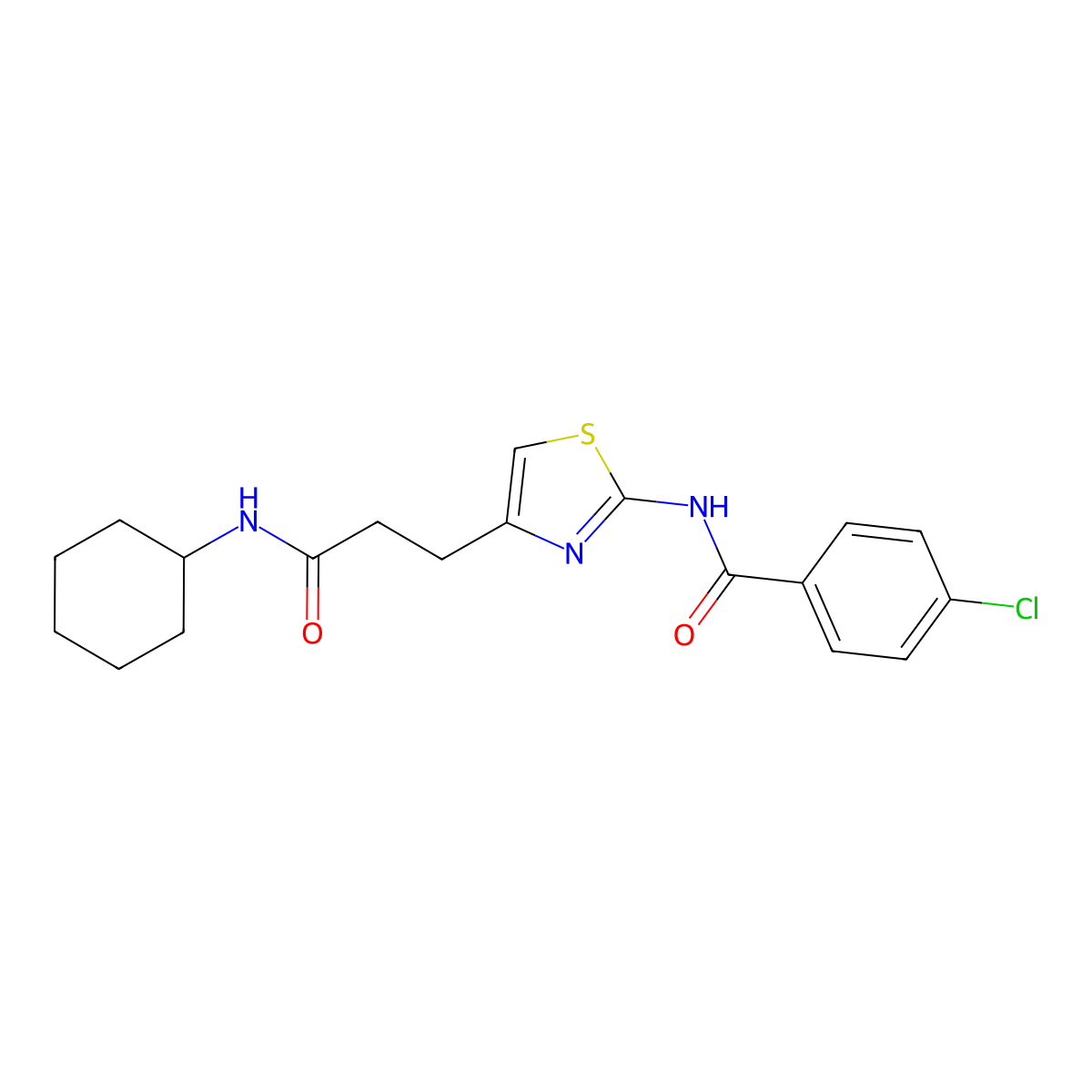 4-chloro-N-(4-(3-(cyclohexylamino)-3-oxopropyl)thiazol-2-yl)benzamide molecular structure, CAS 1021256-81-4