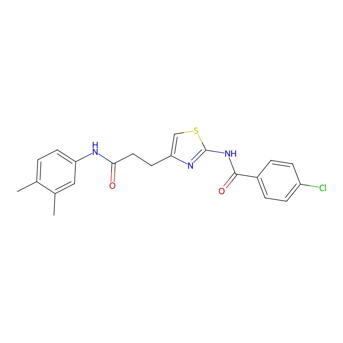 4-chloro-N-(4-(3-((3,4-dimethylphenyl)amino)-3-oxopropyl)thiazol-2-yl)benzamide molecular structure, CAS 1021256-89-2