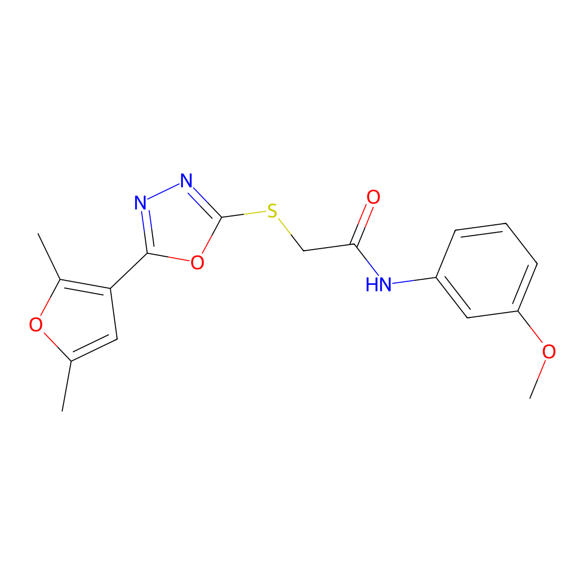 2-((5-(2,5-dimethylfuran-3-yl)-1,3,4-oxadiazol-2-yl)thio)-N-(3-methoxyphenyl)acetamide molecular structure, CAS 1021257-00-0