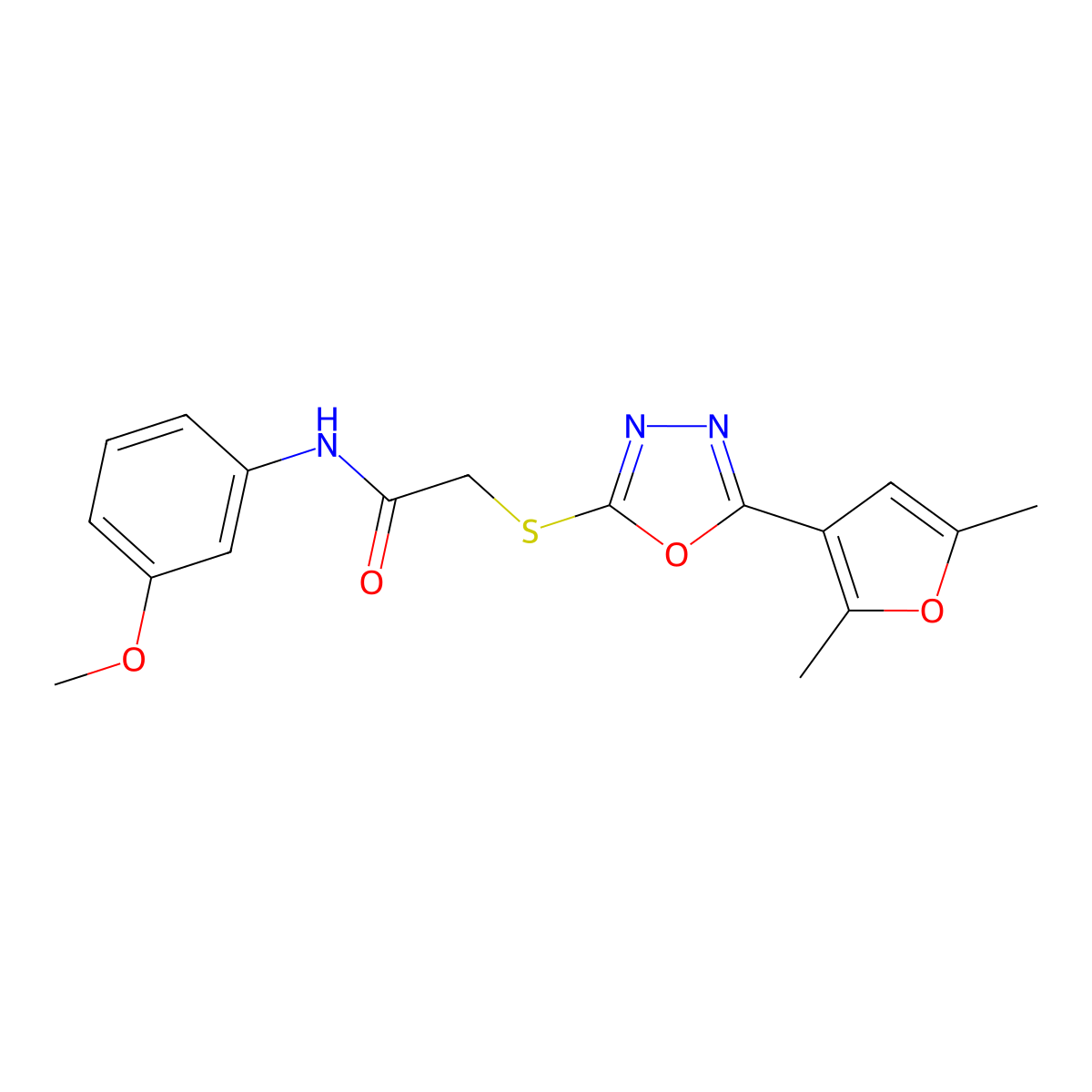 2-((5-(2,5-dimethylfuran-3-yl)-1,3,4-oxadiazol-2-yl)thio)-N-(3-methoxyphenyl)acetamide molecular structure, CAS 1021257-00-0