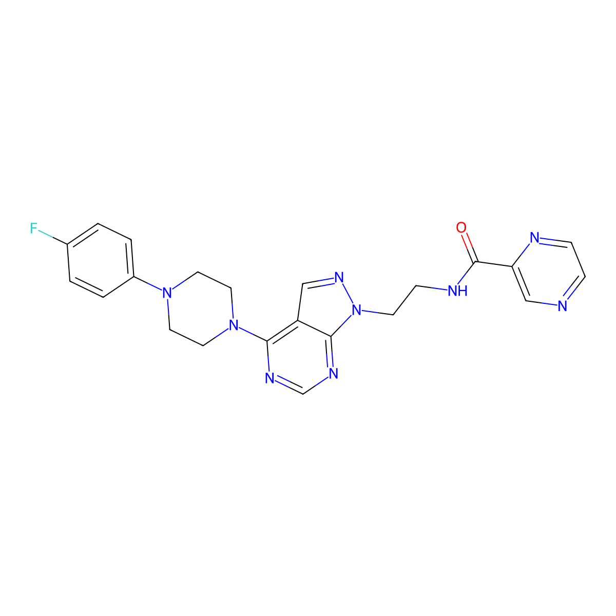 N-(2-(4-(4-(4-fluorophenyl)piperazin-1-yl)-1H-pyrazolo[3,4-d]pyrimidin-1-yl)ethyl)pyrazine-2-carboxamide molecular structure, CAS 1021257-02-2