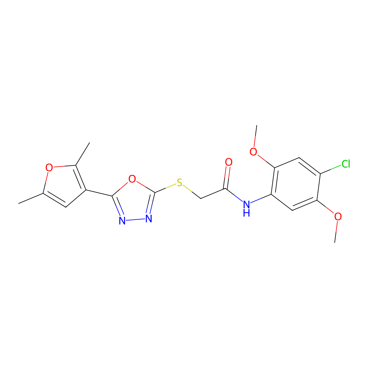 N-(4-chloro-2,5-dimethoxyphenyl)-2-((5-(2,5-dimethylfuran-3-yl)-1,3,4-oxadiazol-2-yl)thio)acetamide molecular structure, CAS 1021257-03-3