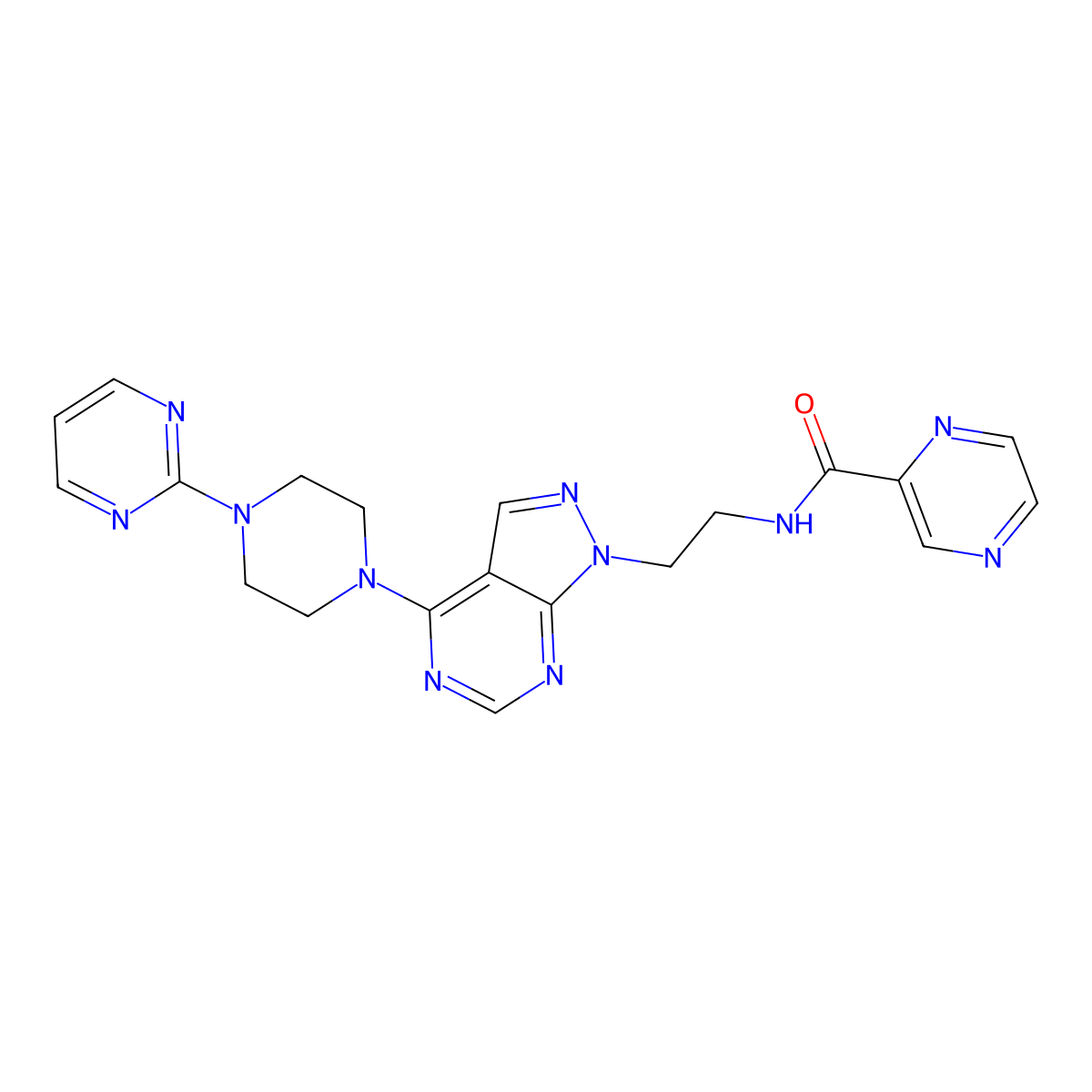 N-(2-{4-[4-(pyrimidin-2-yl)piperazin-1-yl]-1H-pyrazolo[3,4-d]pyrimidin-1-yl}ethyl)pyrazine-2-carboxamide molecular structure, CAS 1021257-05-5