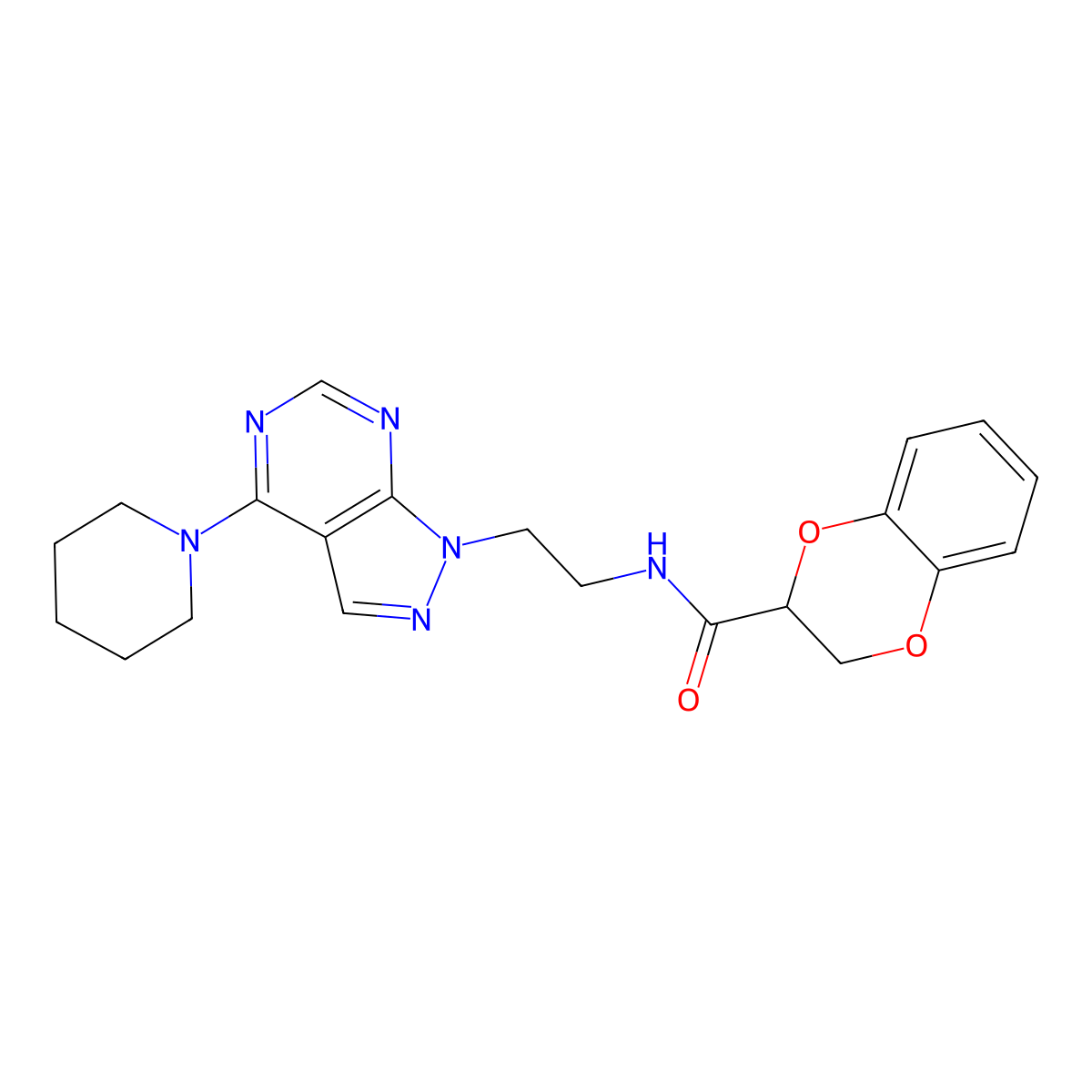 N-(2-(4-(piperidin-1-yl)-1H-pyrazolo[3,4-d]pyrimidin-1-yl)ethyl)-2,3-dihydrobenzo[b][1,4]dioxine-2-carboxamide molecular structure, CAS 1021257-07-7