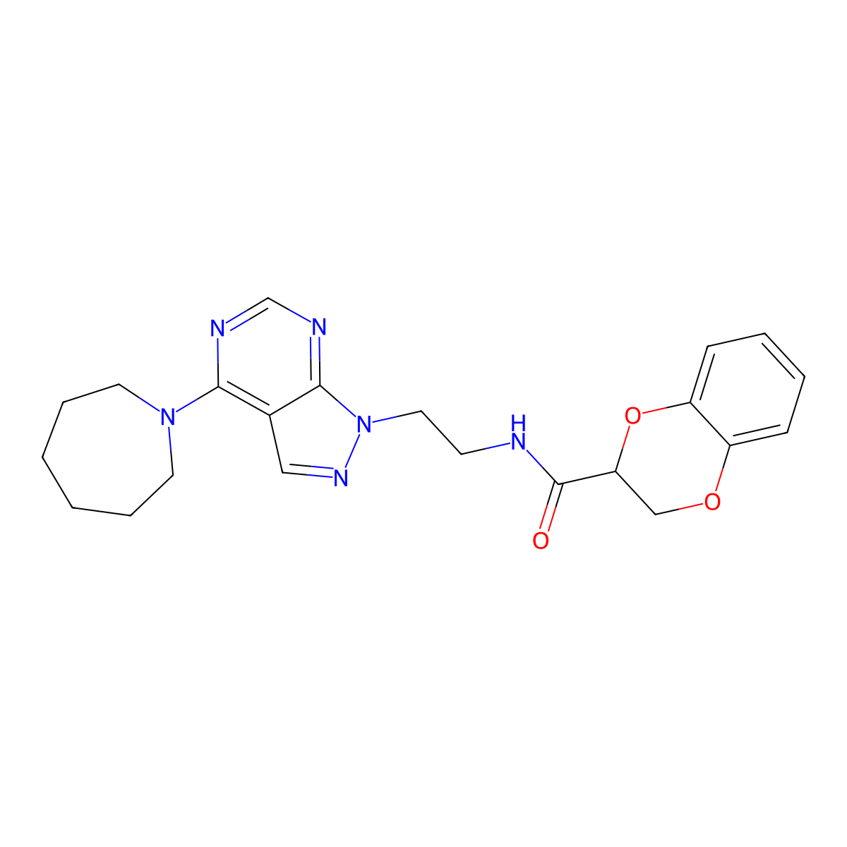 N-(2-(4-(azepan-1-yl)-1H-pyrazolo[3,4-d]pyrimidin-1-yl)ethyl)-2,3-dihydrobenzo[b][1,4]dioxine-2-carboxamide molecular structure, CAS 1021257-09-9