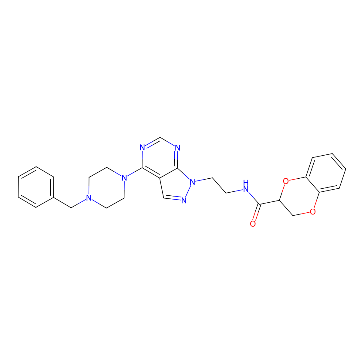 N-(2-(4-(4-benzylpiperazin-1-yl)-1H-pyrazolo[3,4-d]pyrimidin-1-yl)ethyl)-2,3-dihydrobenzo[b][1,4]dioxine-2-carboxamide molecular structure, CAS 1021257-12-4