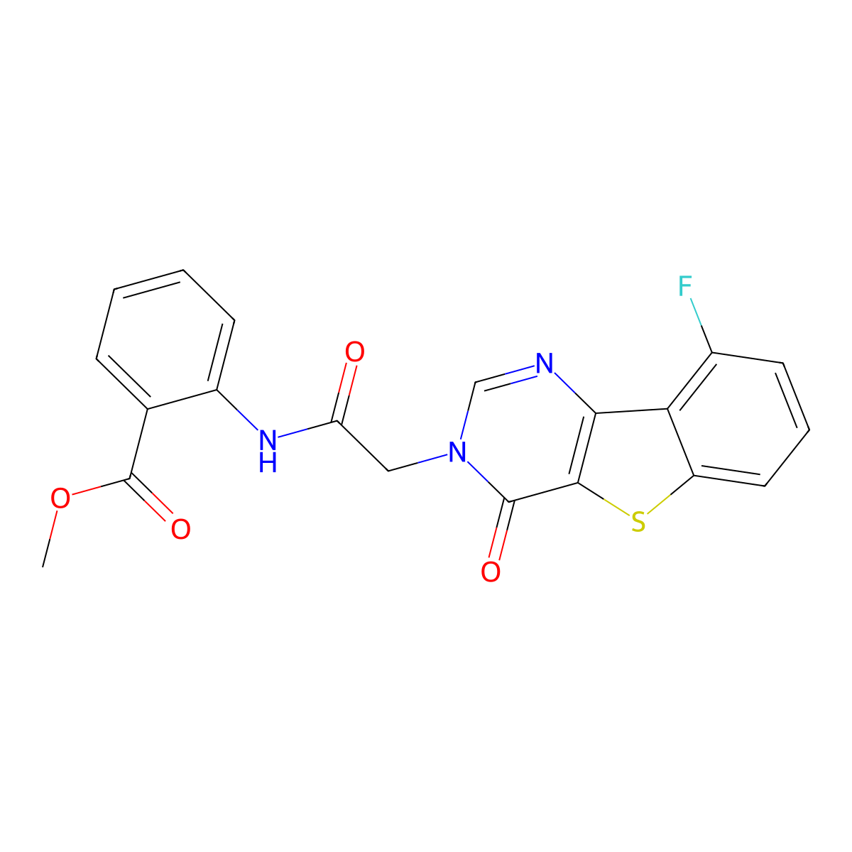 methyl 2-{[(9-fluoro-4-oxo[1]benzothieno[3,2-d]pyrimidin-3(4H)-yl)acetyl]amino}benzoate molecular structure, CAS 1021257-13-5
