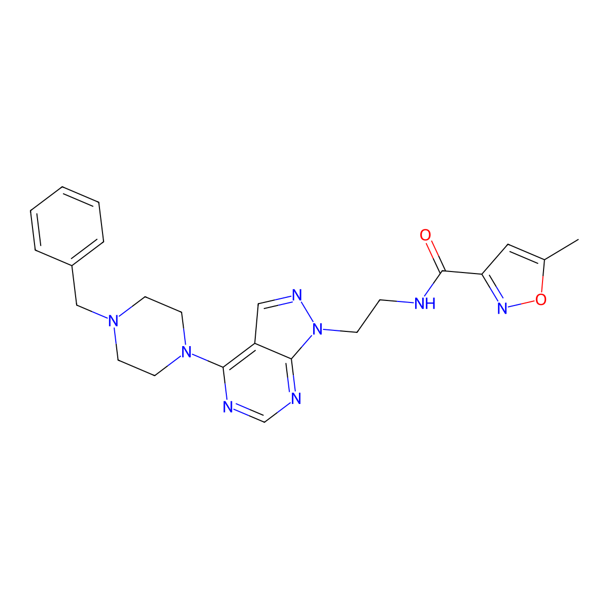 N-{2-[4-(4-benzylpiperazin-1-yl)-1H-pyrazolo[3,4-d]pyrimidin-1-yl]ethyl}-5-methyl-1,2-oxazole-3-carboxamide molecular structure, CAS 1021257-25-9