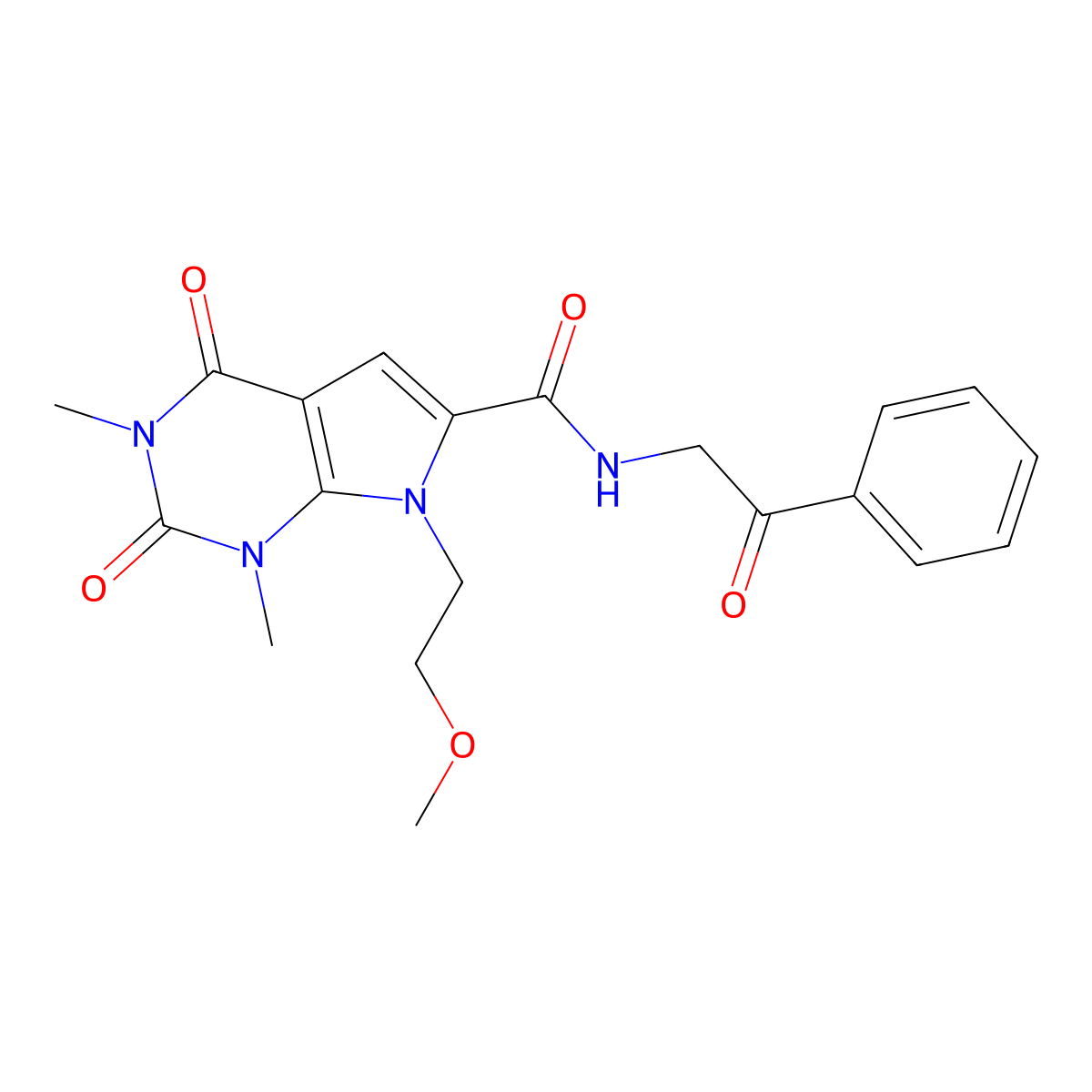 7-(2-methoxyethyl)-1,3-dimethyl-2,4-dioxo-N-(2-oxo-2-phenylethyl)-2,3,4,7-tetrahydro-1H-pyrrolo[2,3-d]pyrimidine-6-carboxamide molecular structure, CAS 1021257-26-0