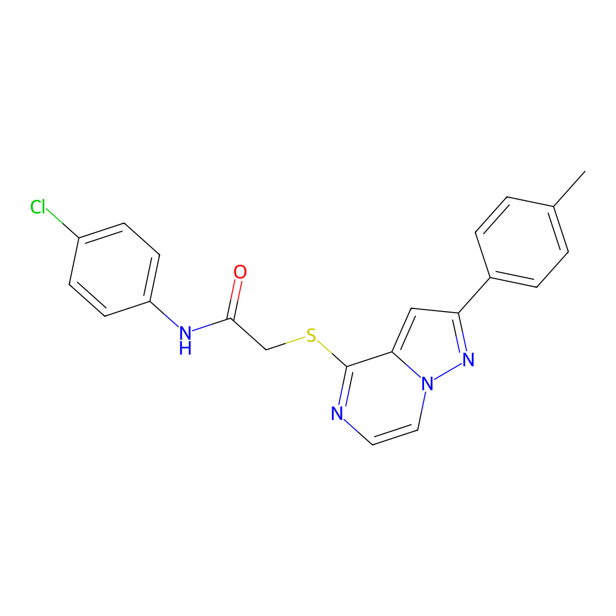 N-(4-chlorophenyl)-2-{[2-(4-methylphenyl)pyrazolo[1,5-a]pyrazin-4-yl]thio}acetamide molecular structure, CAS 1021257-31-7