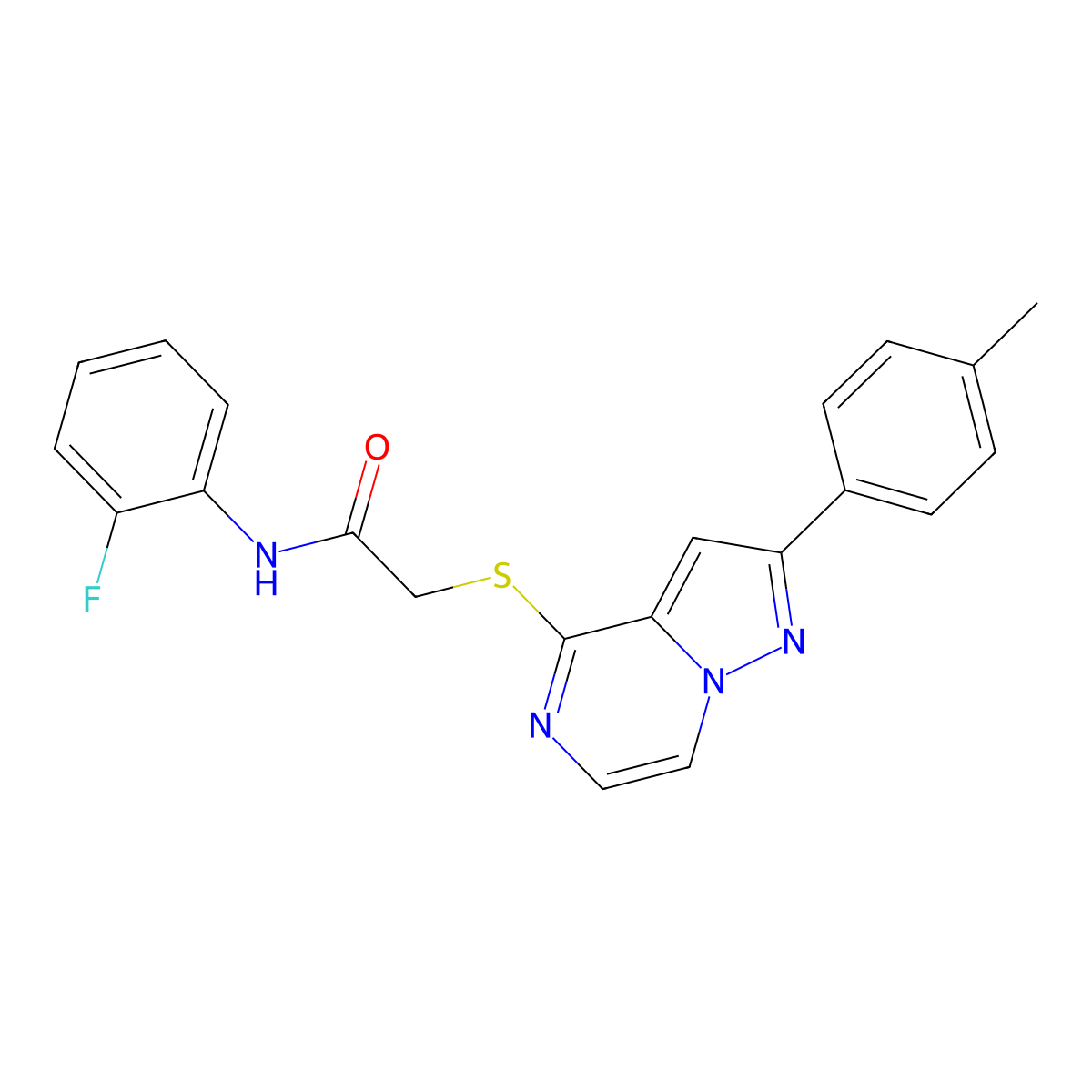 N-(2-fluorophenyl)-2-{[2-(4-methylphenyl)pyrazolo[1,5-a]pyrazin-4-yl]thio}acetamide molecular structure, CAS 1021257-32-8